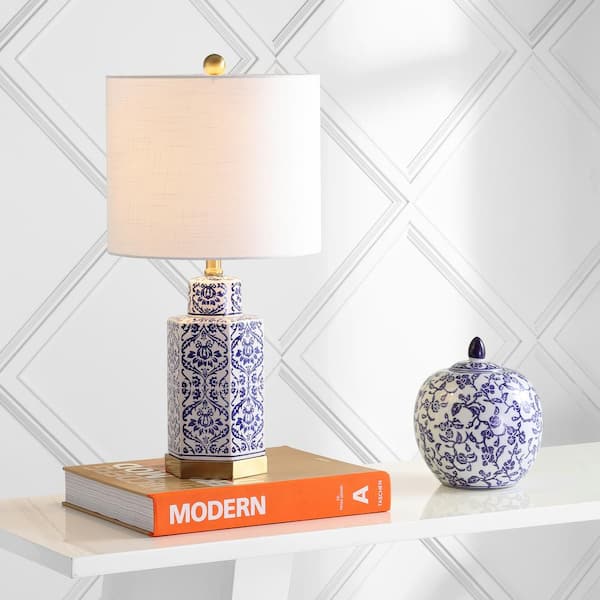 JONATHAN Y Diana 23.5 in. Ginger Jar Ceramic/Metal LED Table Lamp, Blue/White