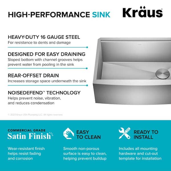 Kraus 27 Kore Farmhouse Apron Front Workstation Stainless Steel Single Bowl Kitchen Sink with Accessories - 16 Gauge | KWF210-27