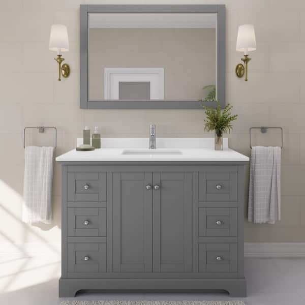 Wyndham Collection Avery 48 in. W x 22 in. D x 35 in. H Single Bath Vanity in Dark Gray with White Quartz Top