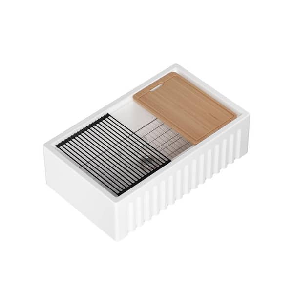 Simple Project White Fireclay 33 in. Single Bowl Farmhouse Apron Workstation Kitchen Sink with Strainer and Cutting Board