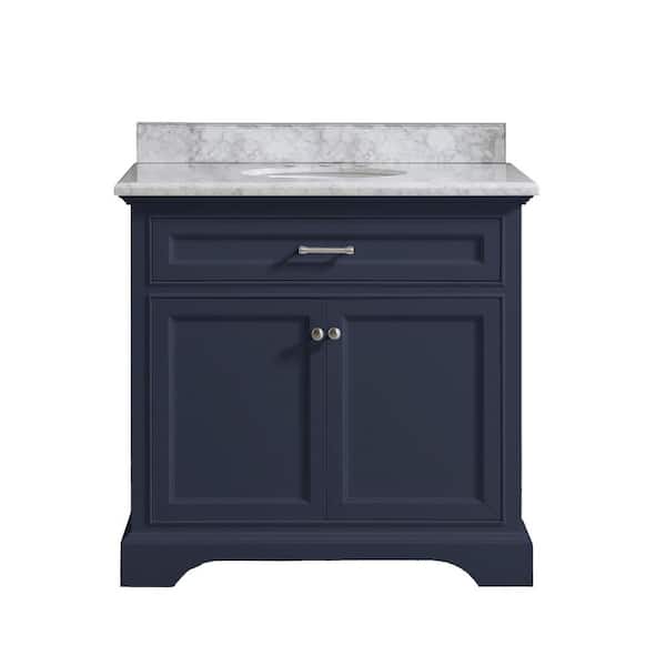 Windlowe 37 in. Single Sink Navy Blue Bath Vanity with White Carrara Marble Top (Assembled)