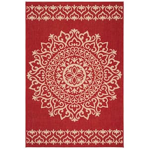 Beach House Red/Cream 3 ft. x 5 ft. Medallion Floral Indoor/Outdoor Patio  Area Rug