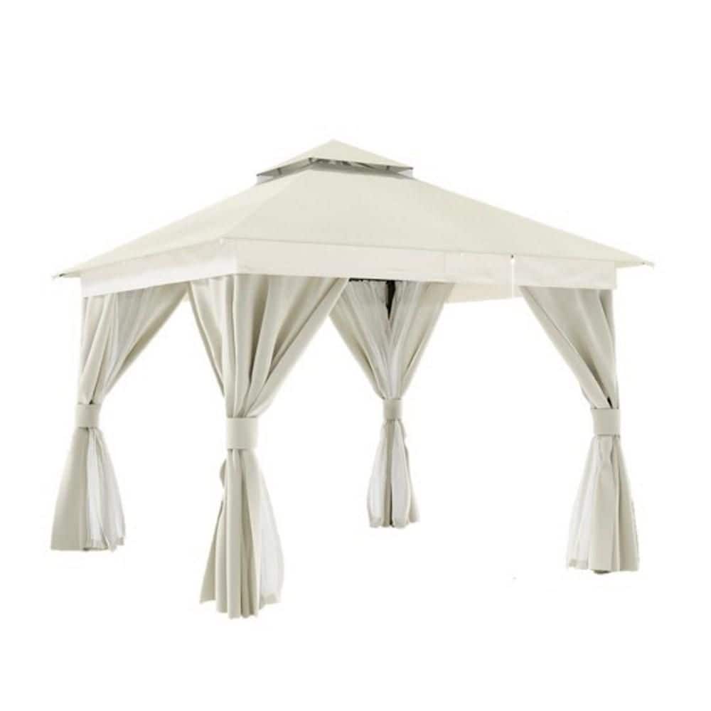 Creamy White Steel Patio Gazebo with Mosquito Netting and Curtains