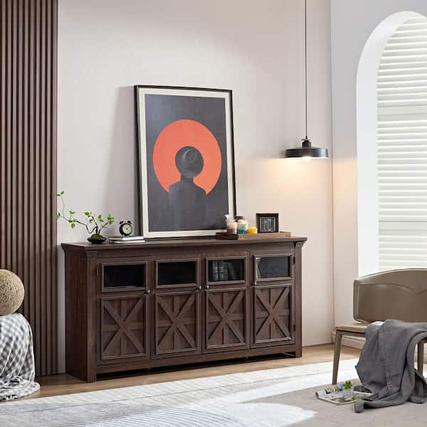 FUNKOL 68.3 in. x 15.35 in. x 34.65 in. Vintage MDF Ready to Assemble Base Storage Cabinet in Espresso with 4-Doors