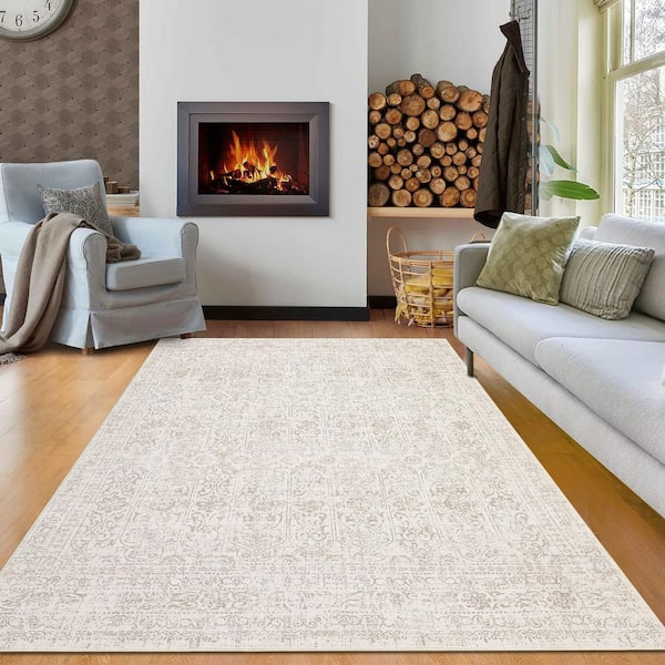 Beige 10 ft. x 13 ft. Vintage Floral Carpet Short Pile Neutral Soft Rug Non-Slip for Bedroom Living Room