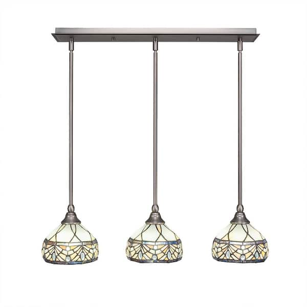 Unbranded Livingston 100-Watt 3 Light Nickel, Linear Pendant Light with 7 in. Royal Merlot Art Glass Shade, No Bulbs Included