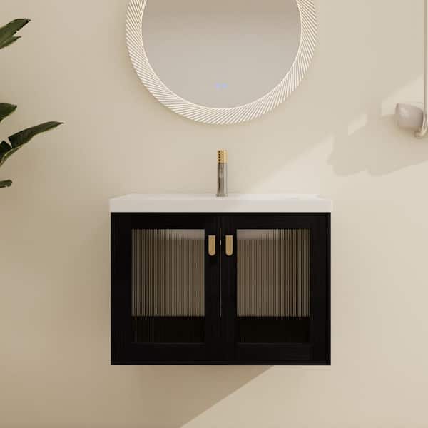 ARTCHIRLY 27.8 in. W x 18.5 in. D x 20.7 in. H Single Sink Wall-Mounted Bath Vanity in BlackChestnut with White Ceramic Vanity Top