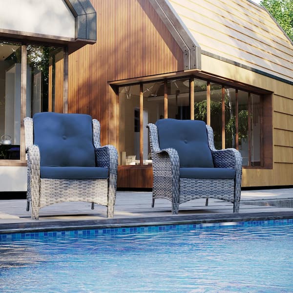 JOYSIDE Ergonomic Arm 2-Piece Patio Wicker Outdoor Lounge Chair with Thick Blue Cushions