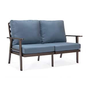 Walbrooke Brown 1-Piece Metal Outdoor Loveseat with Navy Blue Cushions