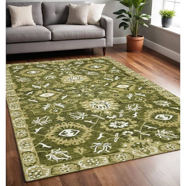 5 ft. x 8 ft. Green Ivory and Brown Wool Floral Medallion Hand Hooked Area Rug