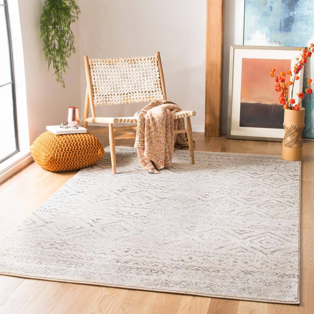 Ivory and Grey Hand-Knotted Boho-Chic Synthetic Area Rug