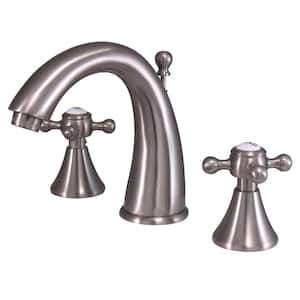 English Country 8 in. Widespread 2-Handle Bathroom Faucets with Brass Pop-Up in Brushed Nickel