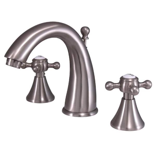 Kingston Brass English Country 8 in. Widespread 2-Handle Bathroom Faucets with Brass Pop-Up in Brushed Nickel
