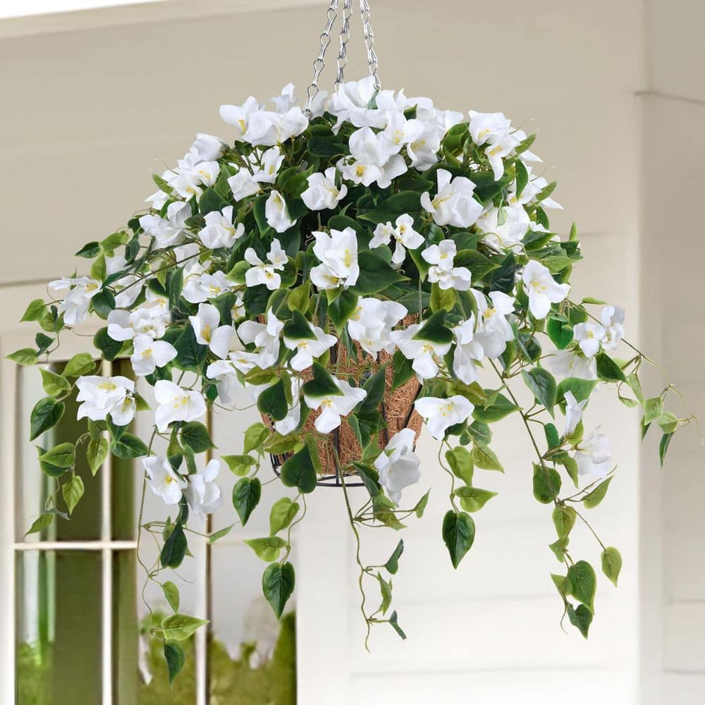 10 in. White Artificial Bougainvillea Silk Vine Flowers Hanging Basket