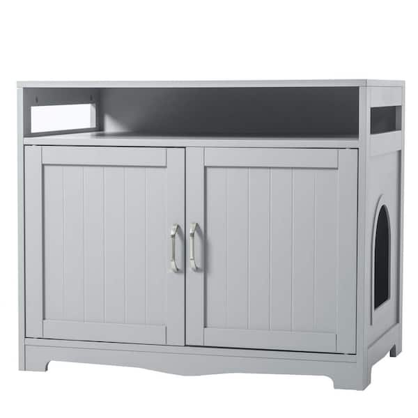 Unbranded 31.5 in. W x 20 in. D x 26 in. H Gray Linen Cabinet Cat Litter Box with 2-Doors and Cat Washroom Storage for Bathroom