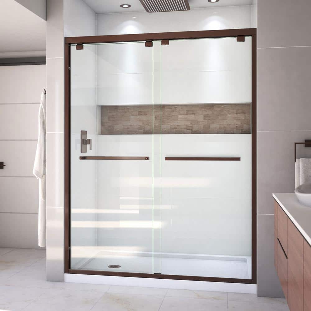 Encore 30 in. D x 60 in. W x 78.75 in. H Semi-Frameless Sliding Shower Door in Oil Rubbed Bronze with White Base price history on PriceWatchPro
