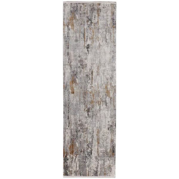 HomeRoots 3 X 10 Gray, Ivory, Gold Abstract Runner Rug