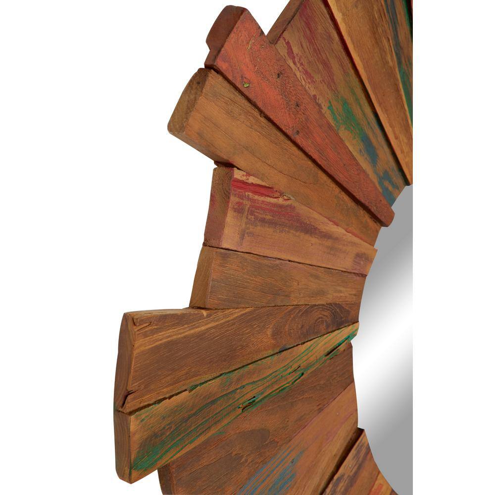 Large Eclectic Multicolor Reclaimed Wood Round Wall Mirror