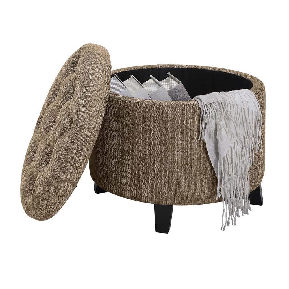 Sandstone Fabric Tufted Round Storage Ottoman with Solid Rubberwood Legs