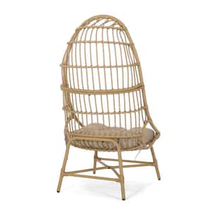 Brown Basket Shape Wicker Outdoor Lounge Chair with Light Brown Cushions