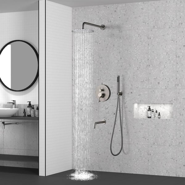 3-Spray Patterns Round 10 in. Wall Mount Dual Shower Heads with Handheld and Tub Faucet 2.5 GPM in Brushed Nickel