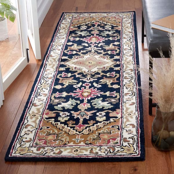 Heritage 2 ft. x 10 ft. Navy/Brown Border Floral Medallion Runner Rug