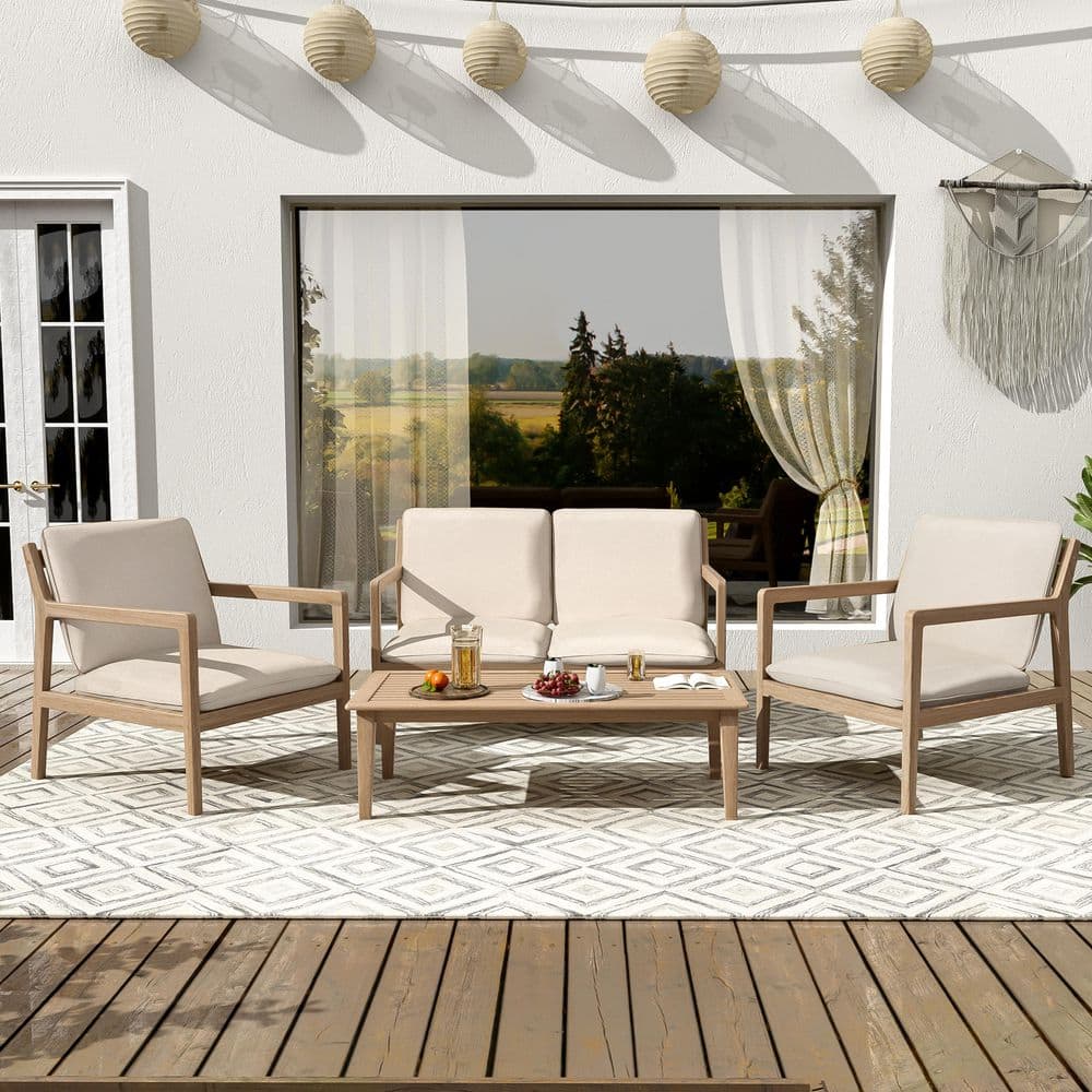 Agatha 4-Piece Outdoor Solid Wood Patio Conversation Set with Beige Cushions, Coffee Table, Light Teak price history on PriceWatchPro