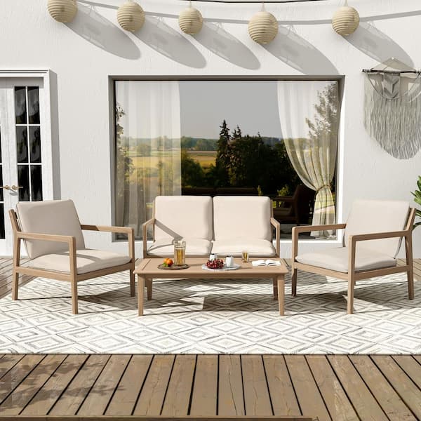 Agatha 4-Piece Outdoor Solid Wood Patio Conversation Set with Beige Cushions, Coffee Table, Light Teak