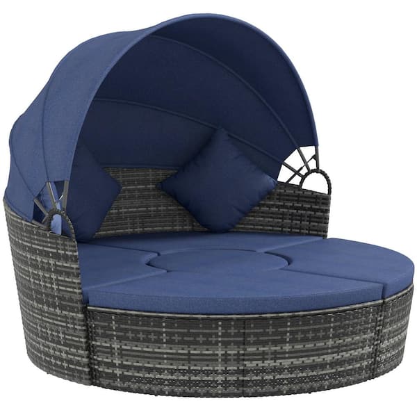 Outsunny Round Convertible Daybed with Cushions 4-Piece Metal Patio Conversation Set with Sunbrella Cushions