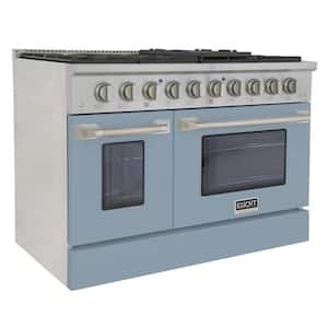48 in. 6.7 cu. ft. 8-Burners Double Oven Dual Fuel Range Natural Gas in Stainless Steel and Light Blue Oven Doors