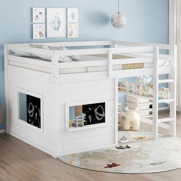 Electra White Full Wood Loft Bed with Playful Sliding Chalkboard, Built-in Bookshelf and High-quality Safety Rails