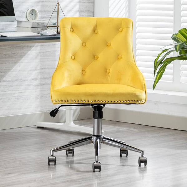 Tahanbath Yellow Tufted Velvet Seat, Non Rolling Desk Chair Adjustable Height