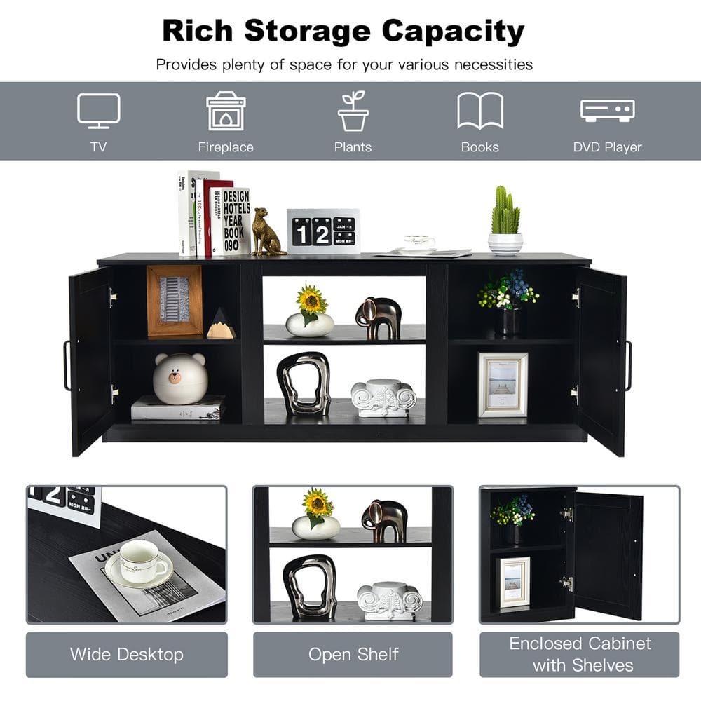 Black Engineered Wood TV Stand with Cabinets and Fireplace Option