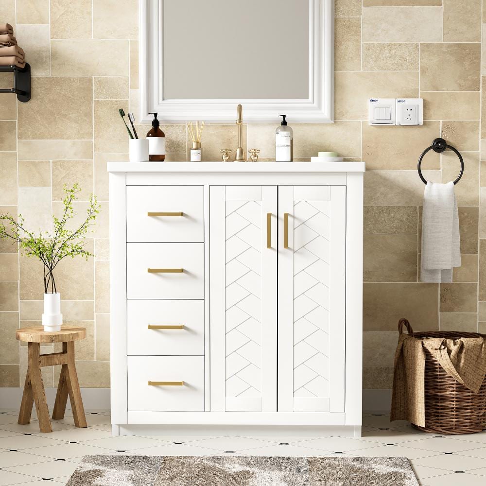 "30"" Freestanding Bathroom Vanity with Ceramic Sink, Solid Wood Frame, 3 Drawers, Soft Closing Doors" price history on PriceWatchPro