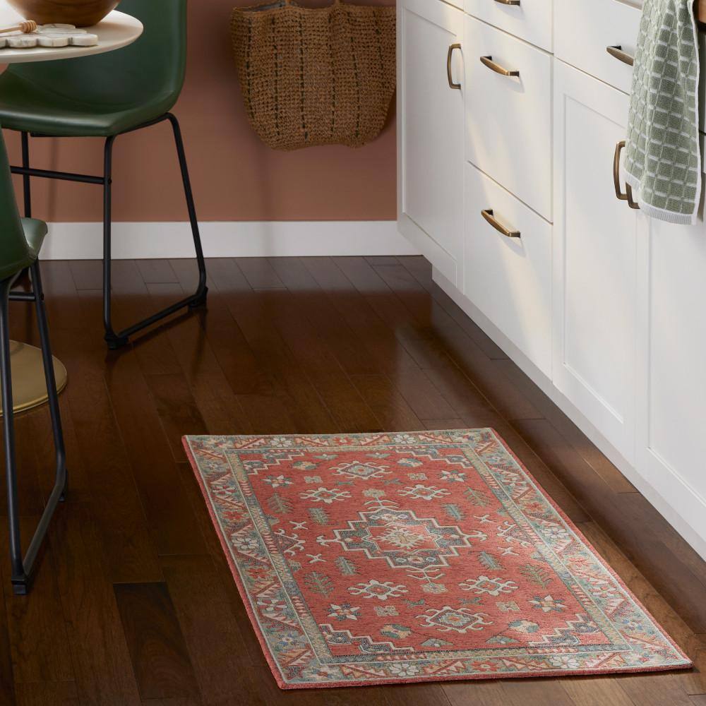 Coral and Gray Rectangular Washable Cotton Kitchen Mat