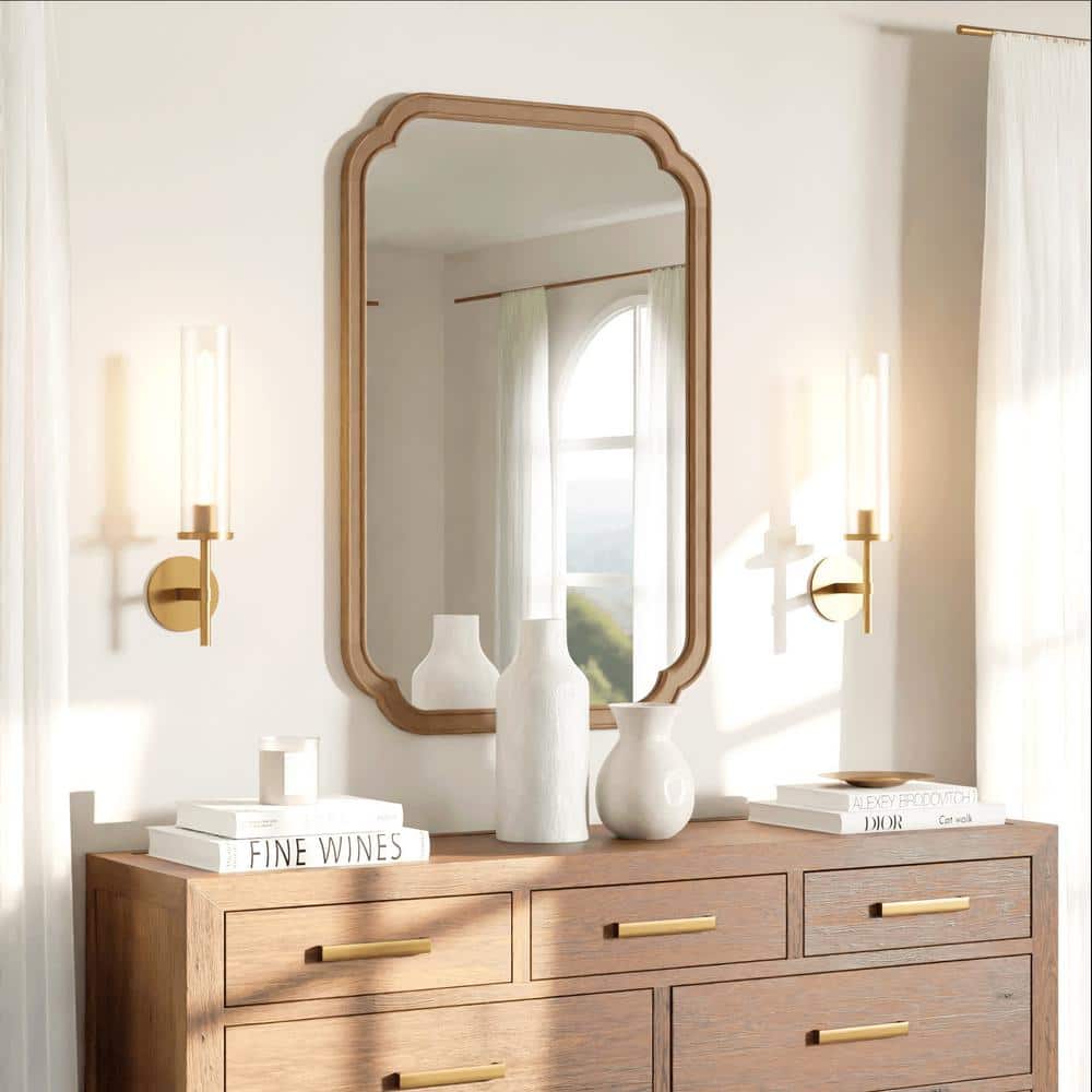 Natural Wood Rectangular Arch Wall Mirror 24" x 36"