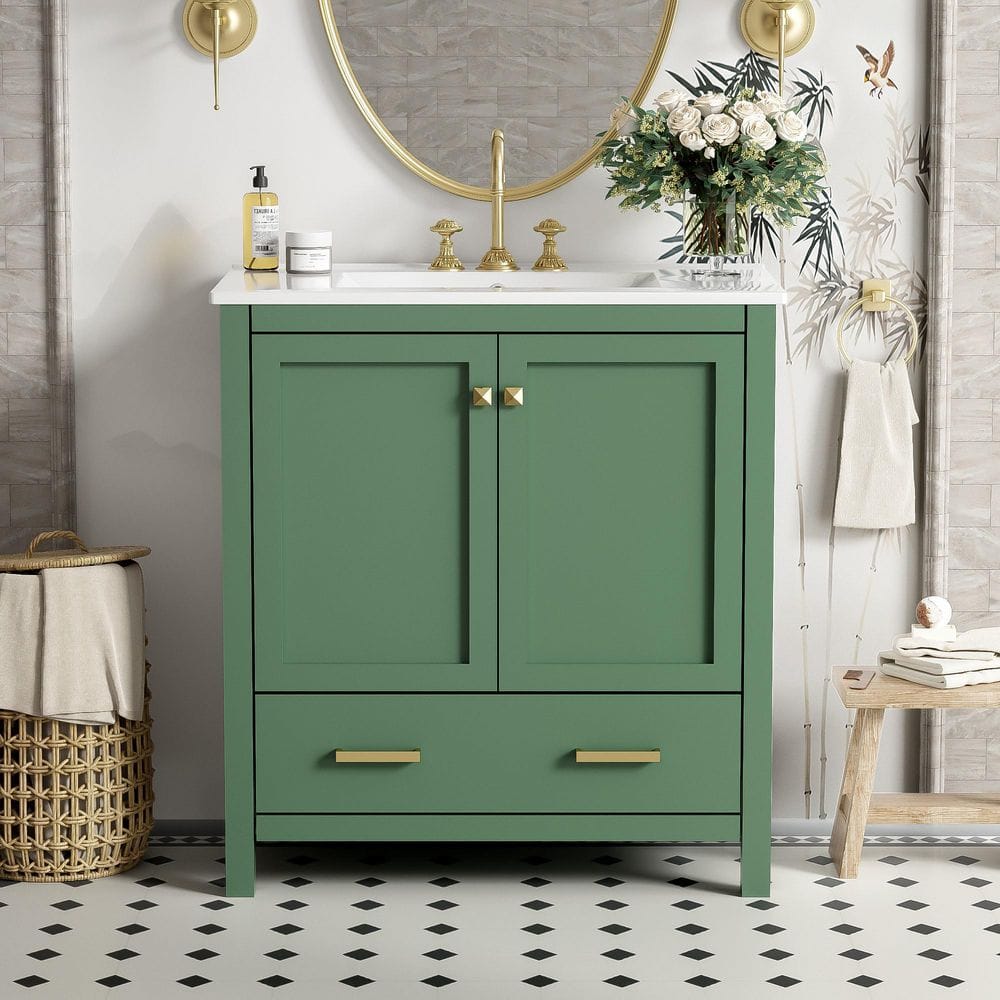 30 in. W Freestanding Single Sink Solid Wood Frame Bath Vanity in Green with White Ceramic Top price history on PriceWatchPro