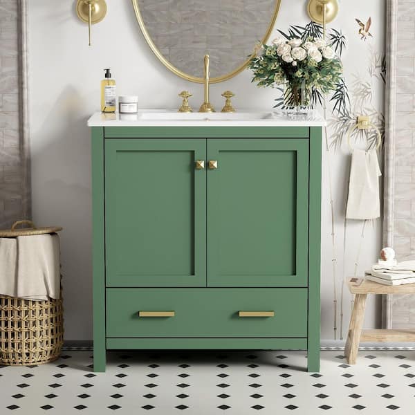 30 in. W Freestanding Single Sink Solid Wood Frame Bath Vanity in Green with White Ceramic Top