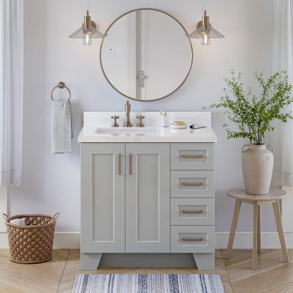 Taylor Collection Q037SLWQRVOGRY 37"" Freestanding Left Offset Oval Sink Vanity includes Carrara White Countertop  Four Drawers and Two Doors in -  Ariel