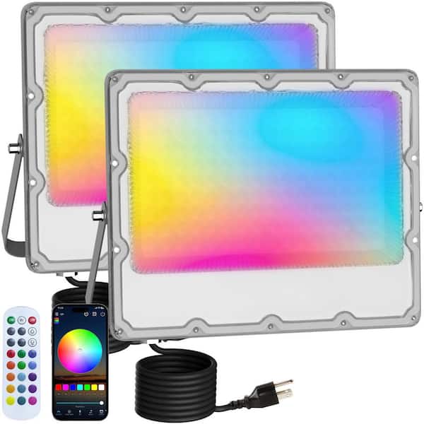Gray Plug-In Integrated LED Landscape Flood Light 100-Watt Color-Changing Fixture w/Bluetooth Control for Outdoor 2-Pack