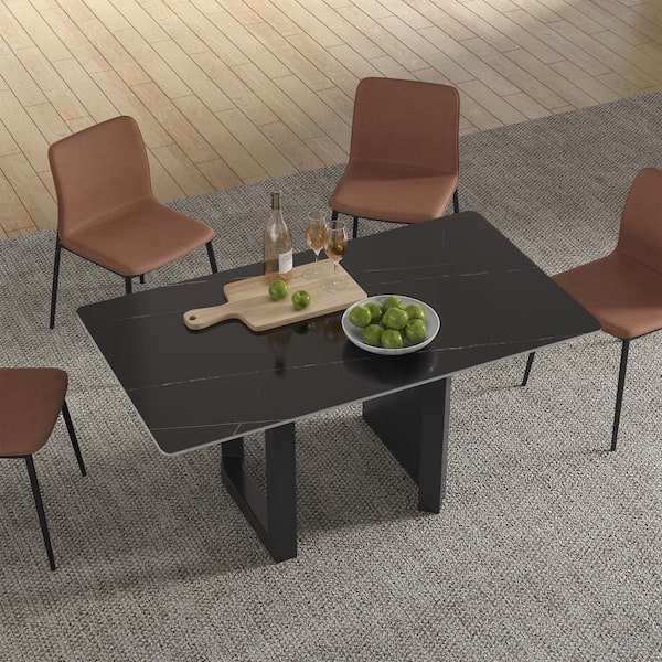 Modern Rectangle  Lauren Black Gold Stone Top 55.12 in. Black Titanium Stainless Double Pedestal Dining Table 4 Seat