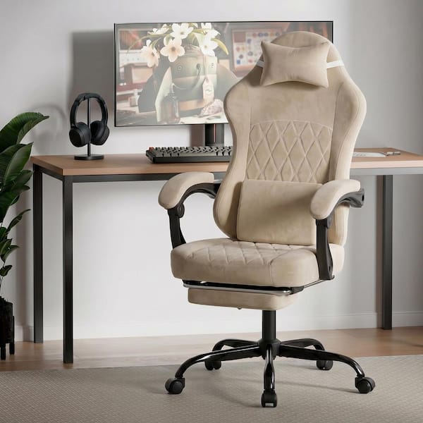 Velvet Swivel Ergonomic Gaming Chair in Beige with Lumbar Support and Headrest, High Back Office Chair