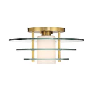 Newell 16 in. 1-Light Warm Brass Modern Semi-Flush Mount with Clear/White Opal Glass and No Bulbs Included