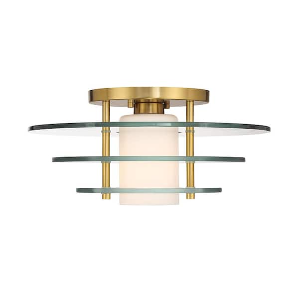Newell 16 in. 1-Light Warm Brass Modern Semi-Flush Mount with Clear/White Opal Glass and No Bulbs Included