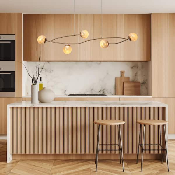 Cenlindes 5-Light Plating Brass Branch Integrated LED Chandelier with Gold-Flecked Glass Globes Modern Linear Light