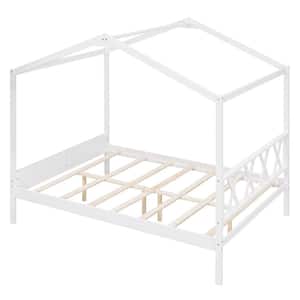 White Full Kids Wood House Bed Frame, Playhouse Bed with Slats, Roof and Built-in Storage, No Box Spring Needed