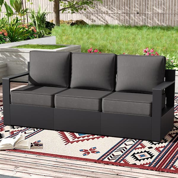3-Seat Aluminum Armrest Outdoor Couch with Gray Cushions