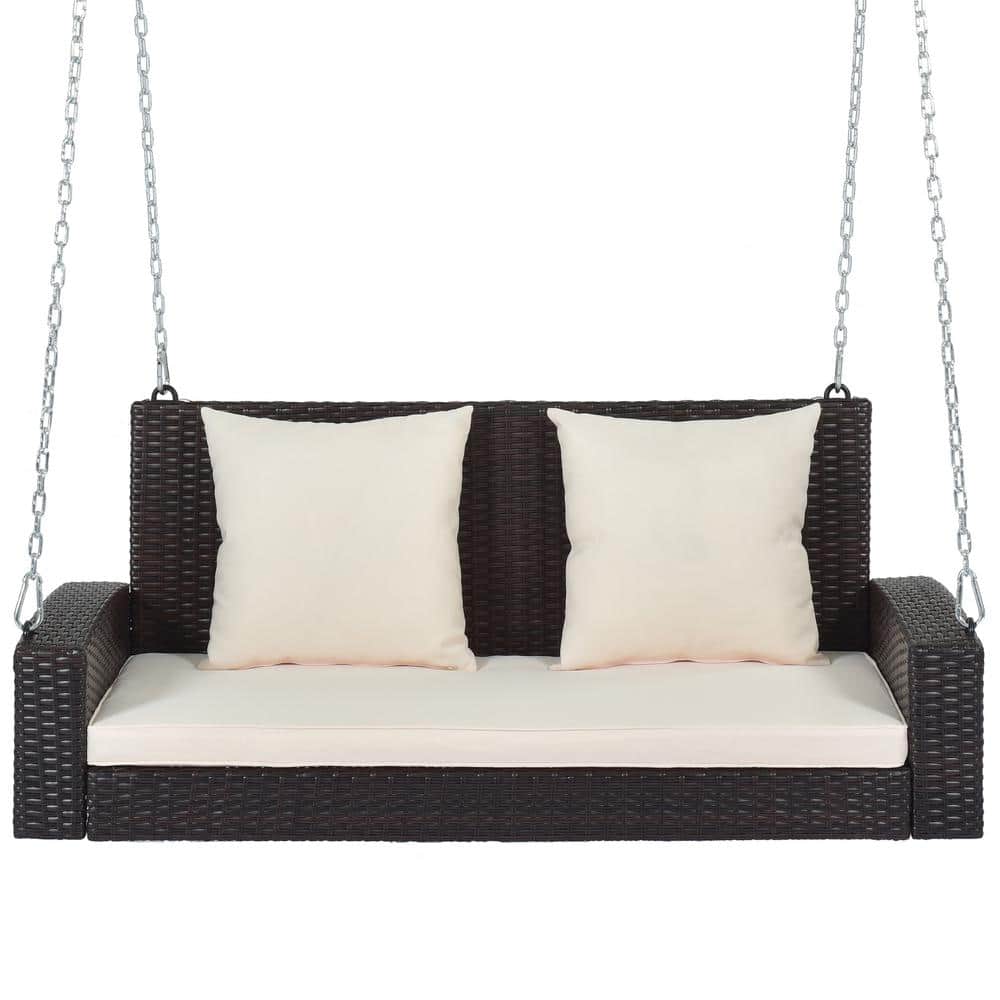 2-Person Black Wicker Outdoor Patio Porch Swing with Chains, Beige Cushion 