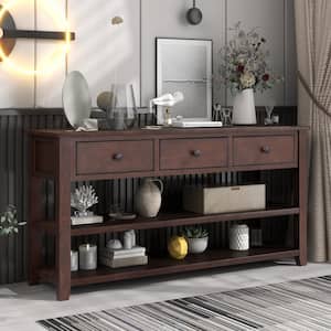 Narrow Long Console Table with 2-Tier Open Shelves, Farmhouse Entryway 3-Drawer Sofa Table for Living Room, Espresso