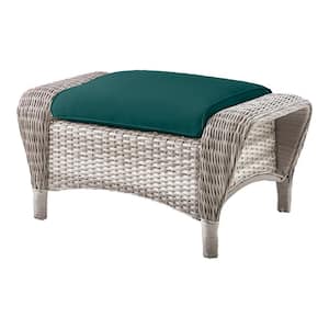 Beacon Park Gray Wicker Outdoor Patio Ottoman with CushionGuard Malachite Green Cushions